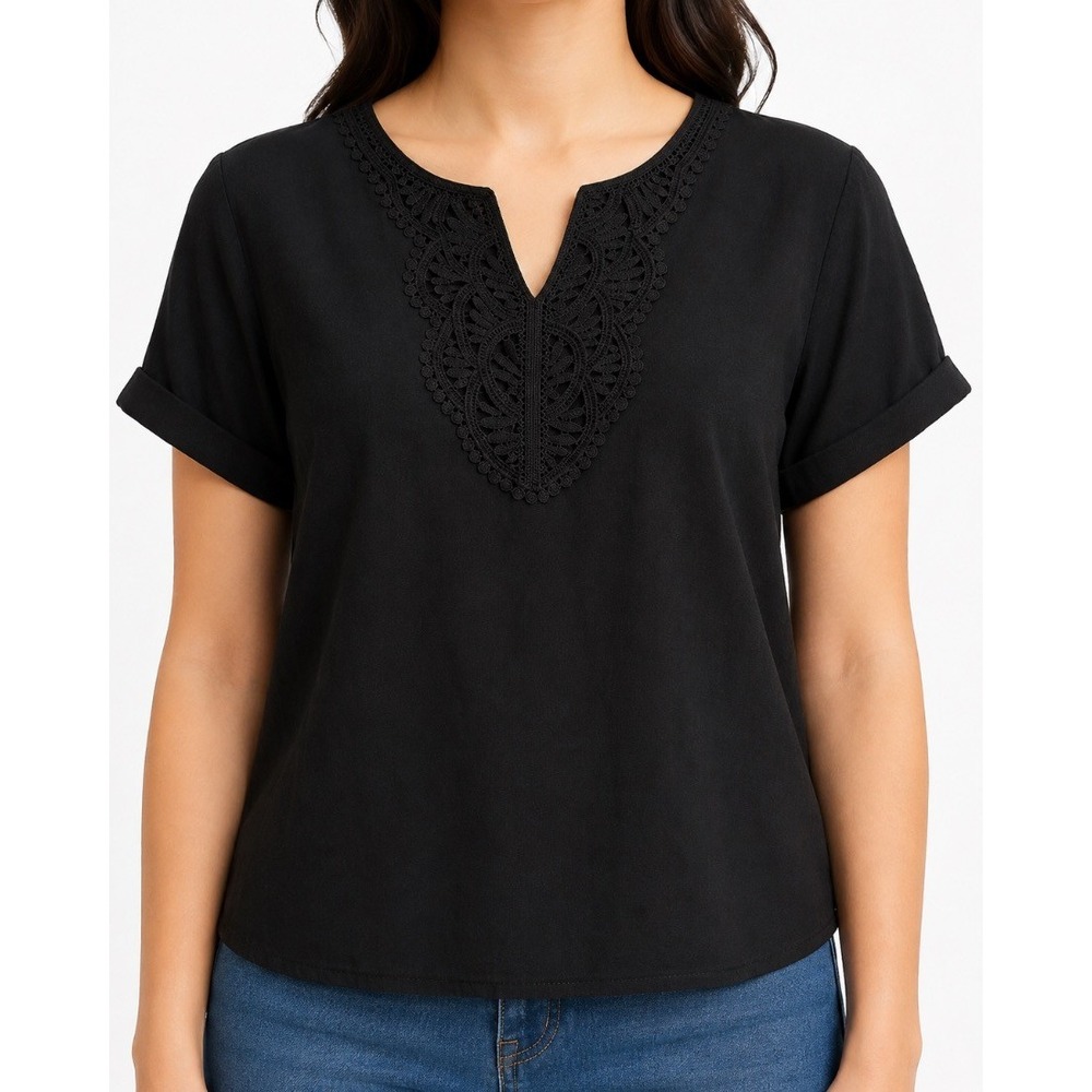 Womens Black Lace Trim V Neck Blouse Top 80% Cotton 20% Linen Size L